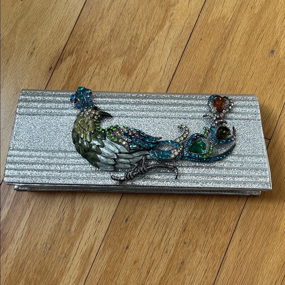Silver Jeweled Peacock Clutch - Women's Evening Wristlet